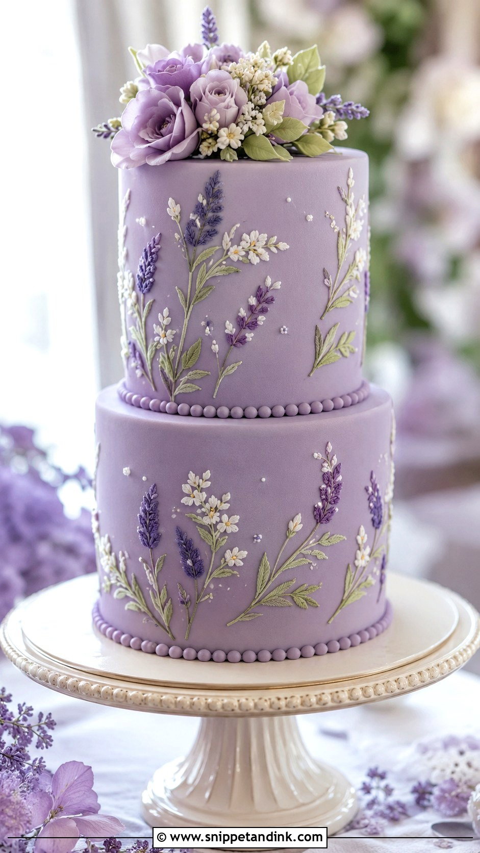 Lavender Brush Embroidery Wedding Cake - Snippet and Ink - 20 Brush Embroidery Wedding Cake Ideas