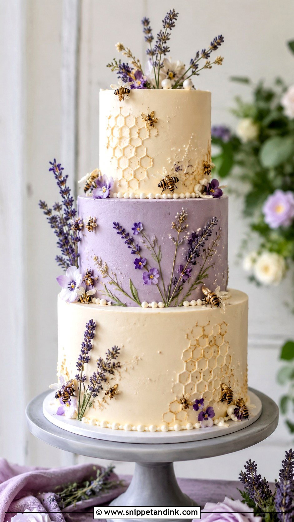 Lavender Honey Bee Wedding Cake - Snippet and Ink - 20 Honey Bee Cake Design Ideas for Wedding