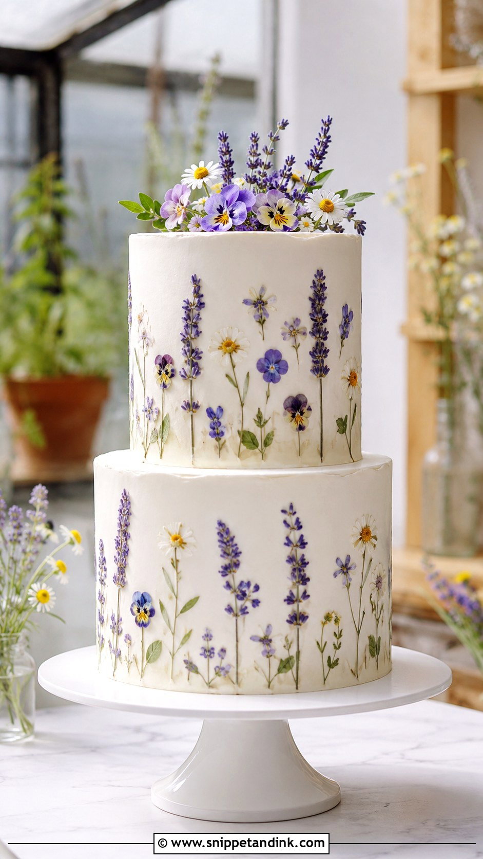 Lavender Pressed Flower Wedding Cake - Snippet and Ink - 20 Lavender Wedding Cake Ideas