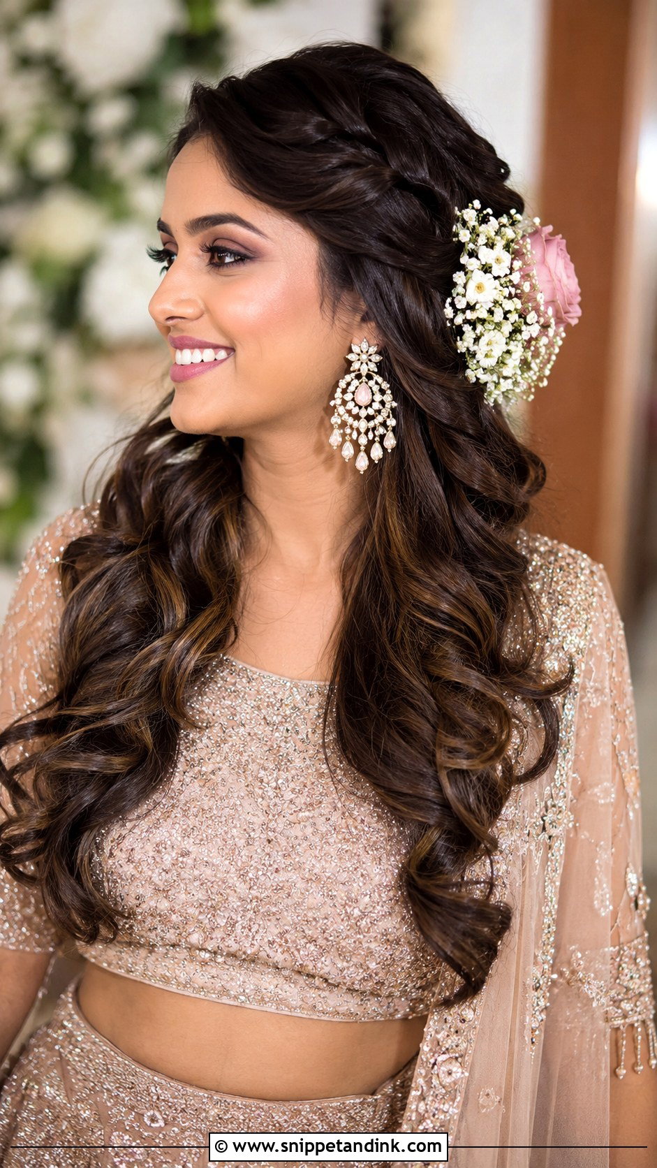 Layered Curls With Side Flowers - Snippet and Ink - 25 Indian Weddings Bridal Hair Styles