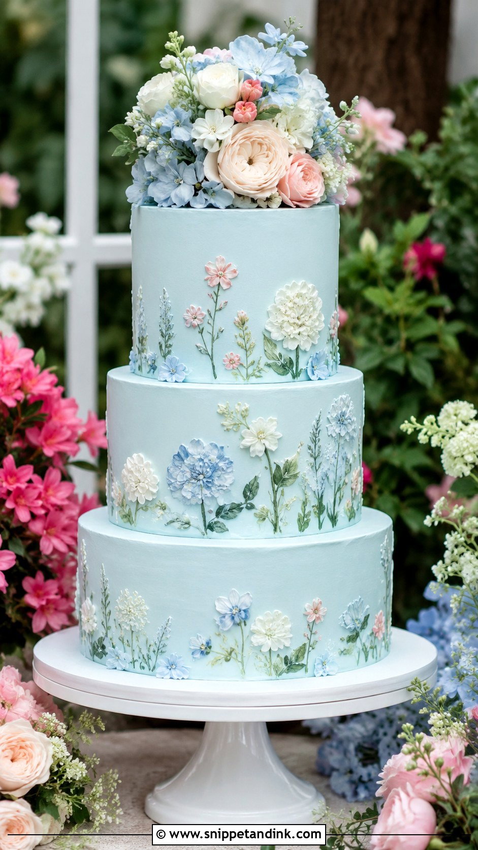 Light Blue Floral Wedding Cake - Snippet and Ink - 20 Light Blue Wedding Cakes