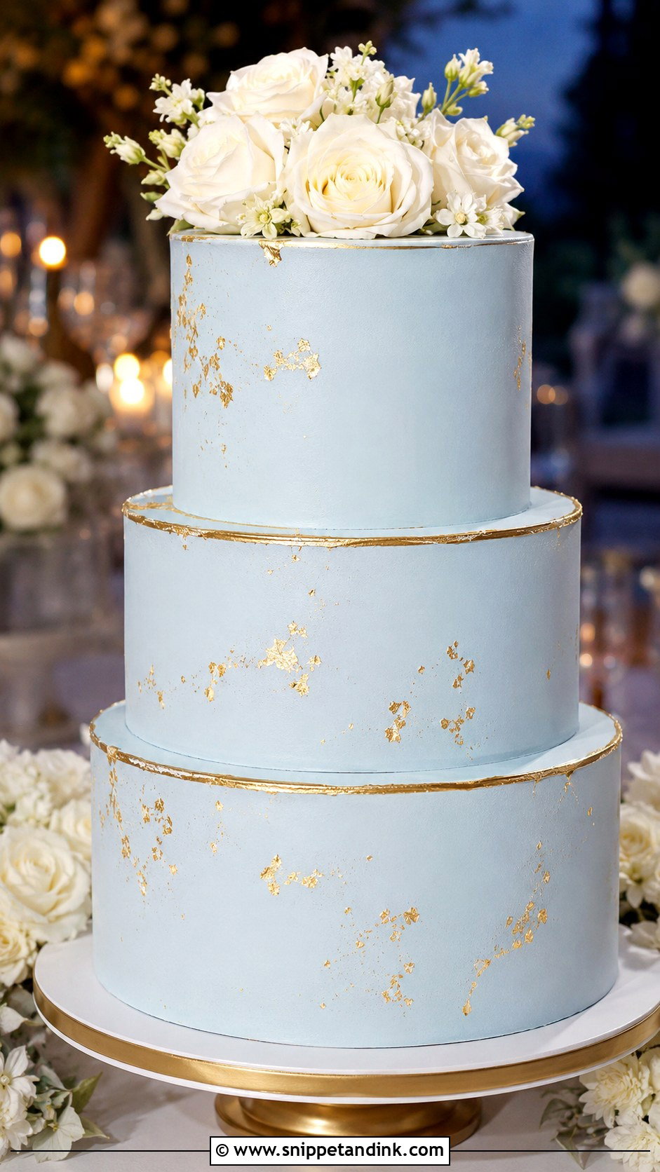 Light Blue Wedding Cake With Gold - Snippet and Ink - 20 Light Blue Wedding Cakes