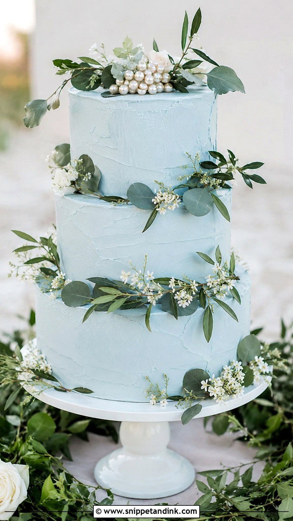 Light Blue Wedding Cake With Greenery - Snippet and Ink - 20 Light Blue Wedding Cakes