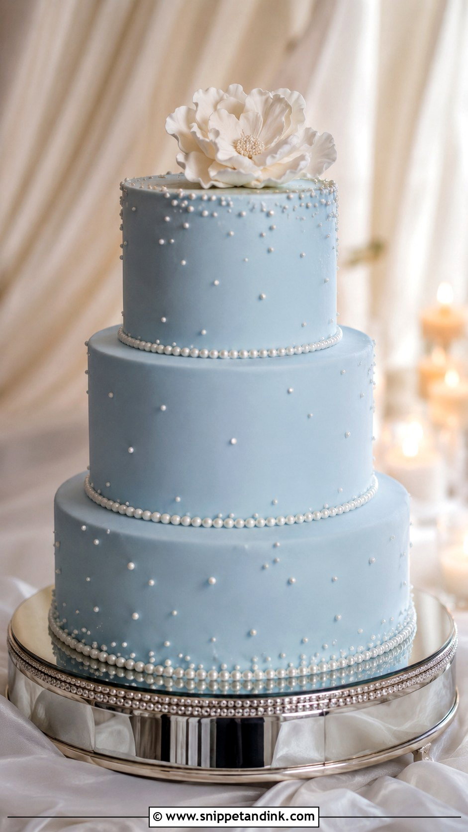 Light Blue Wedding Cake With Pearls - Snippet and Ink - 20 Light Blue Wedding Cakes