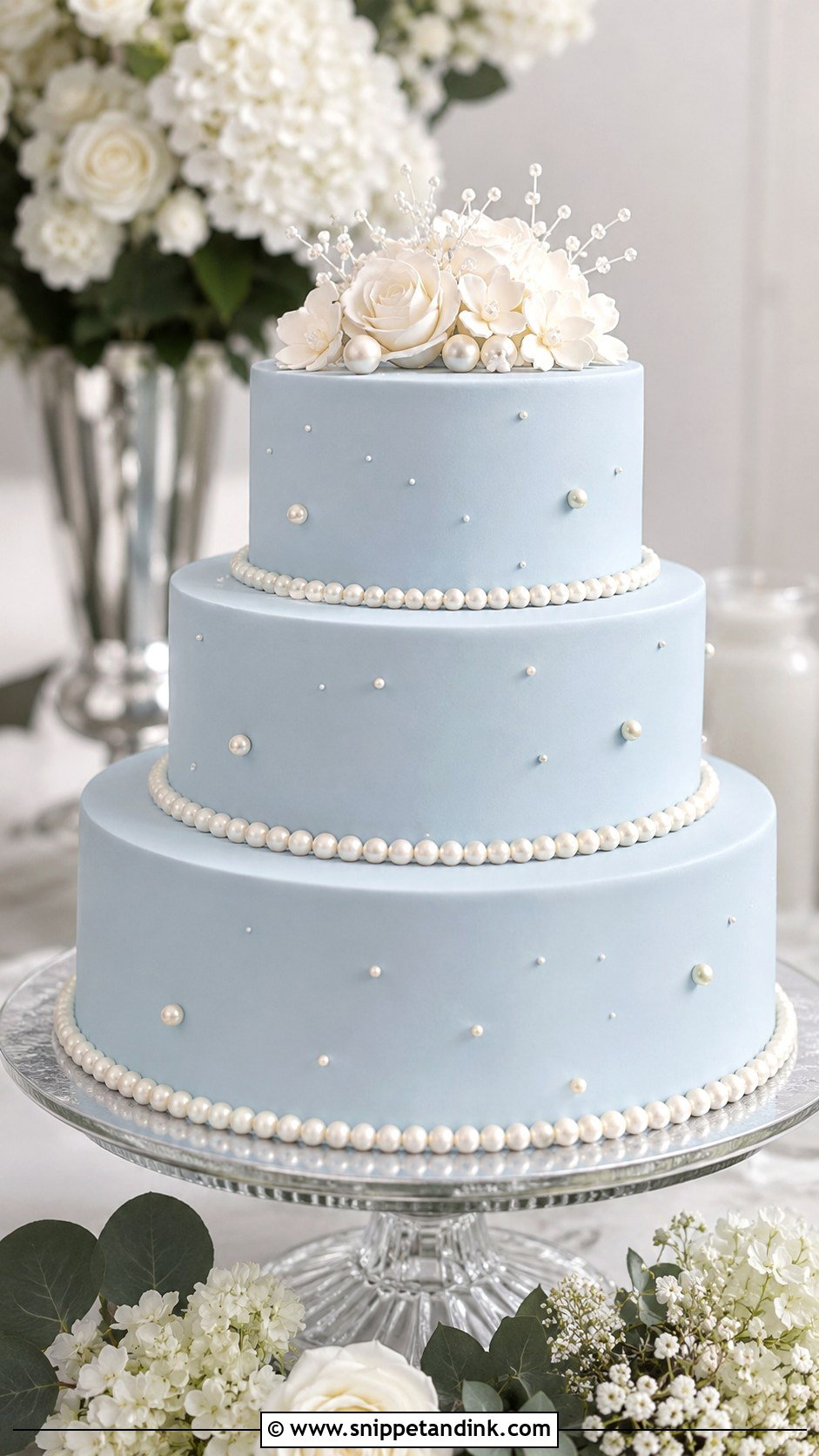 Light Blue Wedding Cake With Pearls - Snippet and Ink - 20 Blue Wedding Cake Ideas