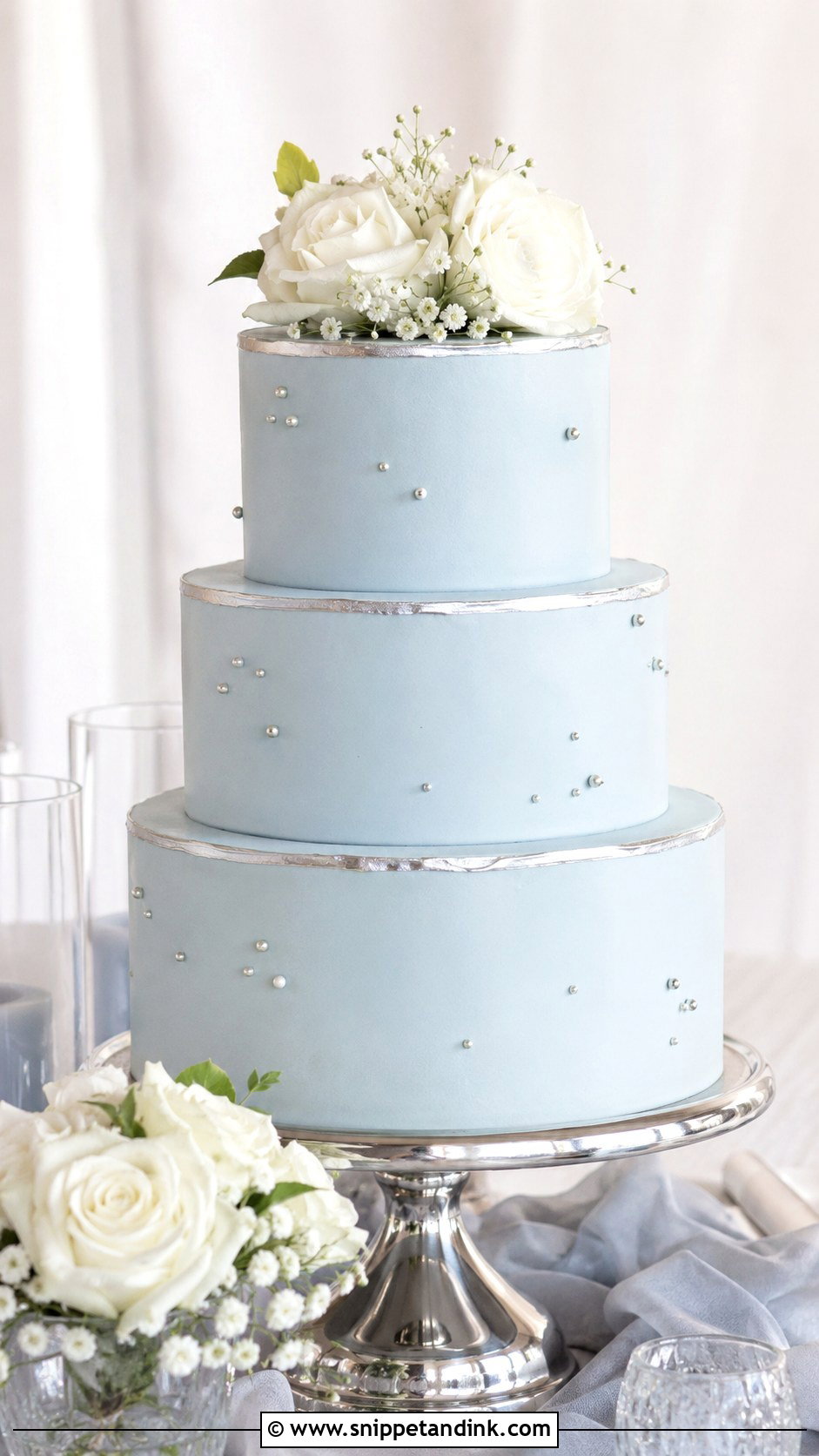 Light Blue Wedding Cake With Silver - Snippet and Ink - 20 Light Blue Wedding Cakes