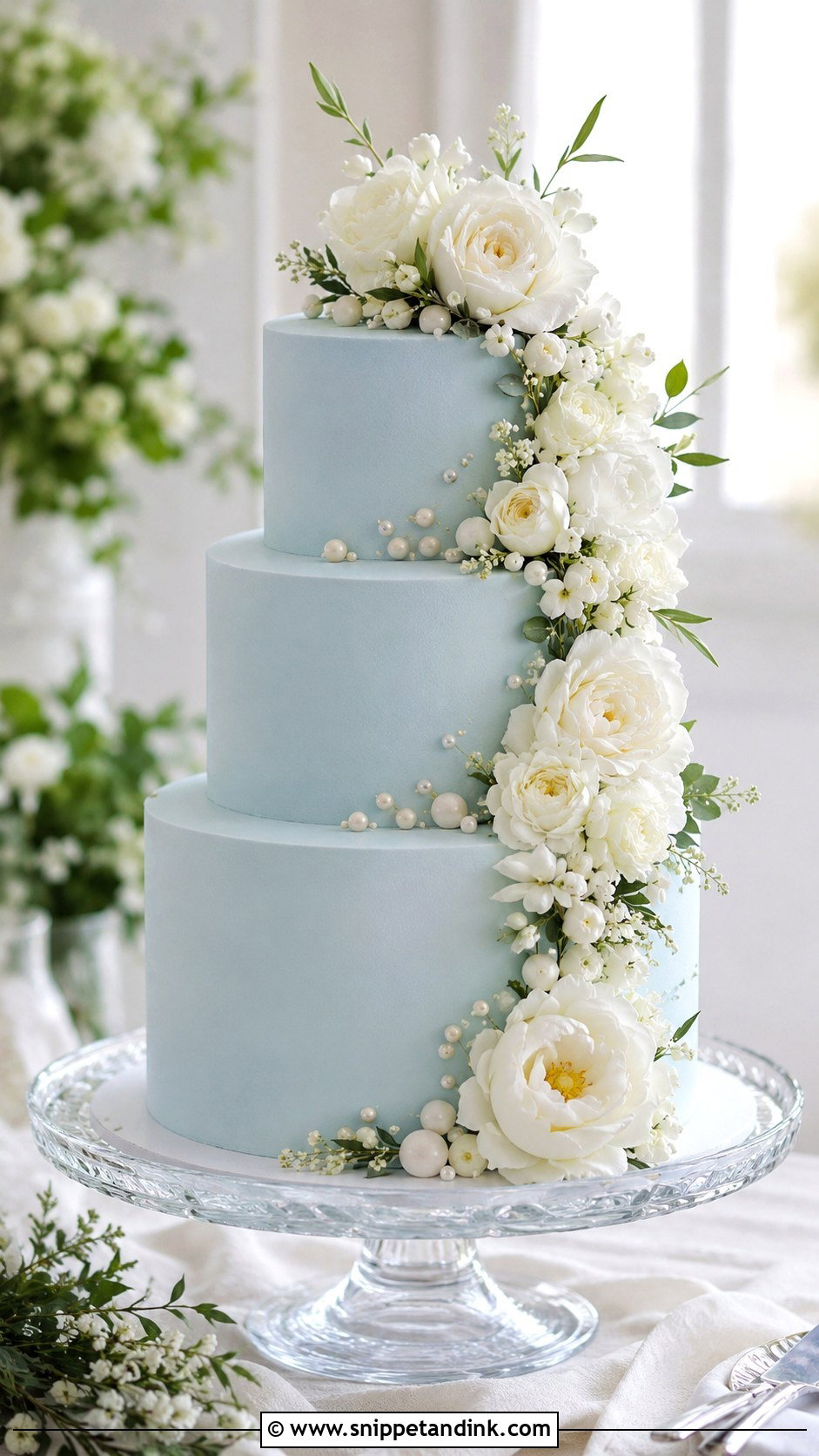 Light Blue Wedding Cake With White Flowers - Snippet and Ink - 20 Light Blue Wedding Cakes