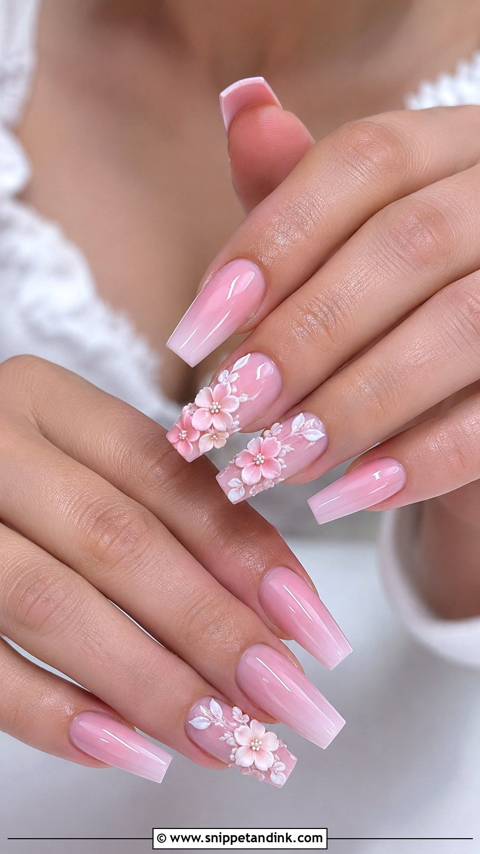 Light Pink 3D Flower Bridal Nails - Snippet and Ink - 20 Light Pink Bridal Nails