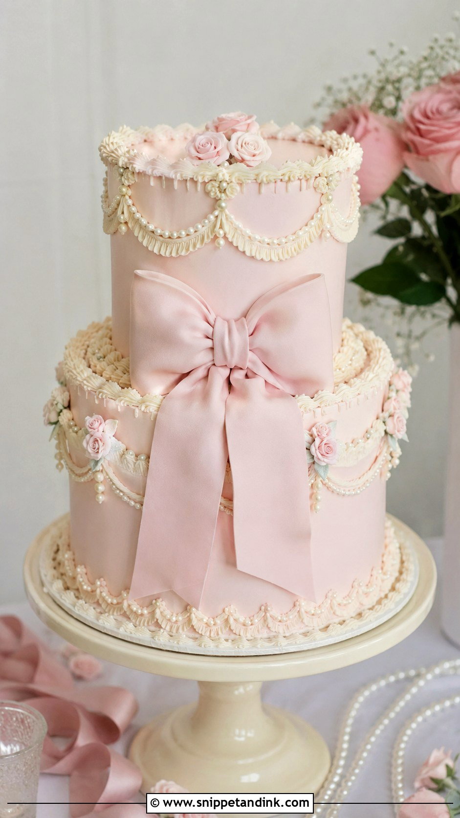 Light Pink Vintage Bow Wedding Cake - Snippet and Ink - 20 Light Pink Vintage Cake Ideas for Wedding