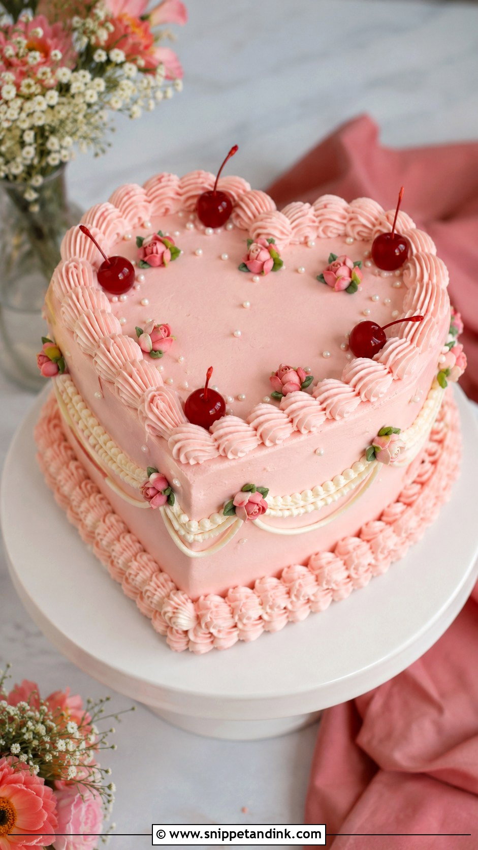 Light Pink Vintage Cherry Wedding Cake - Snippet and Ink - 20 Light Pink Vintage Cake Ideas for Wedding