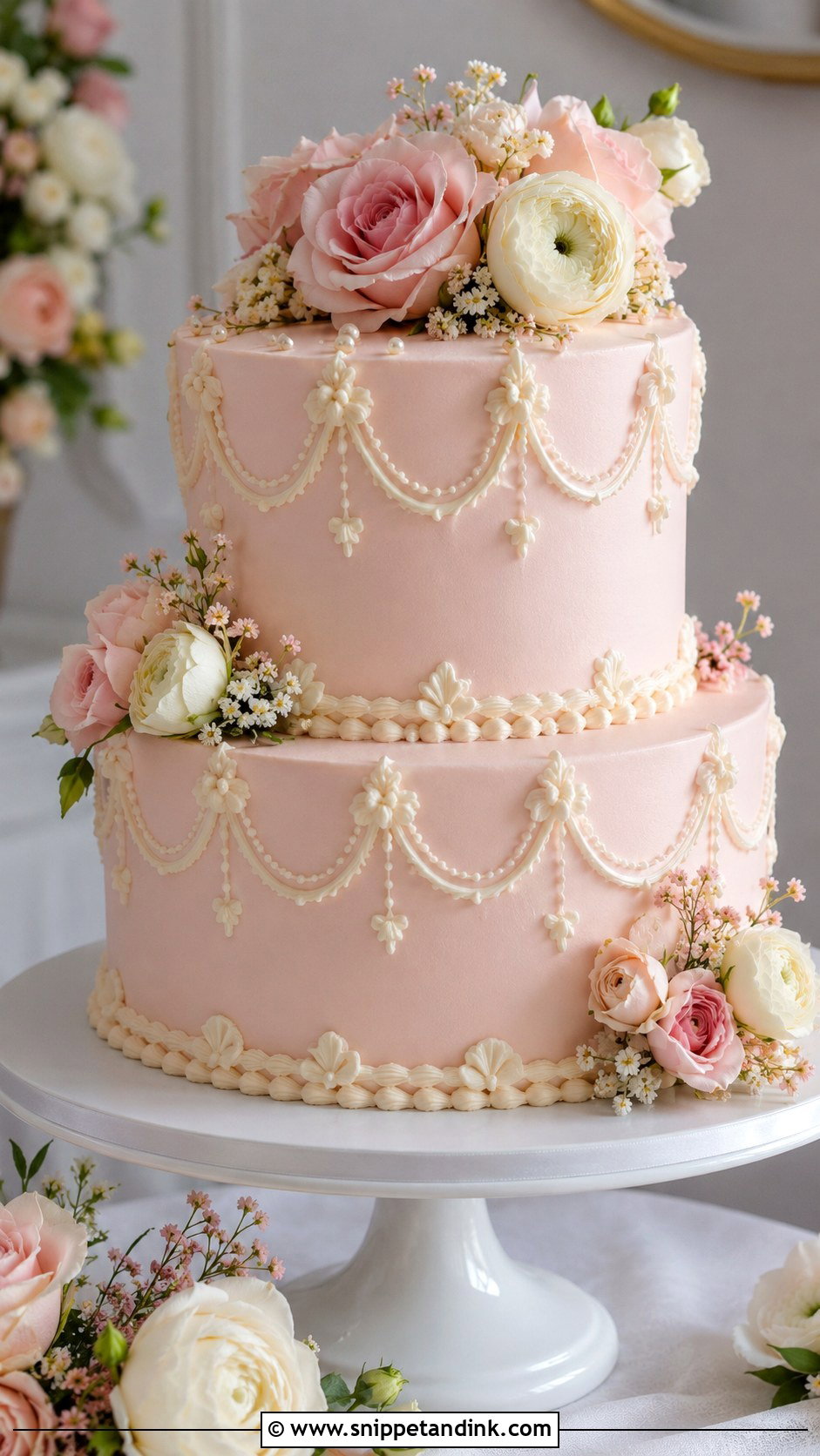 Light Pink Vintage Floral Wedding Cake - Snippet and Ink - 20 Light Pink Vintage Cake Ideas for Wedding