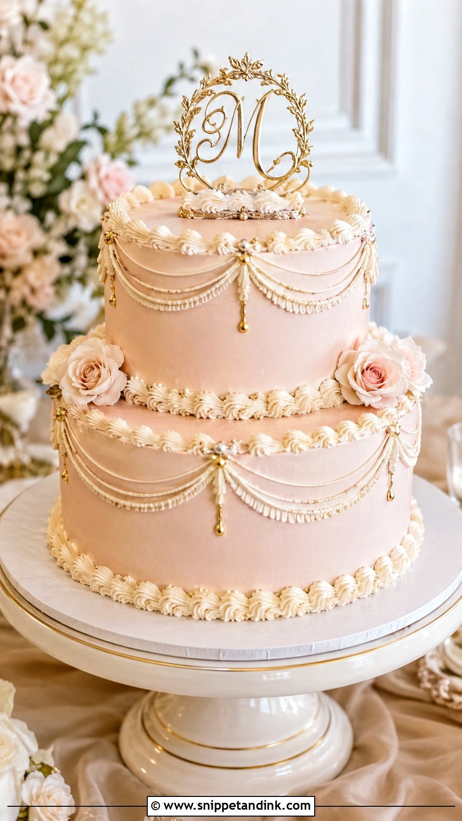 Light Pink Vintage Gold Wedding Cake - Snippet and Ink - 20 Light Pink Vintage Cake Ideas for Wedding