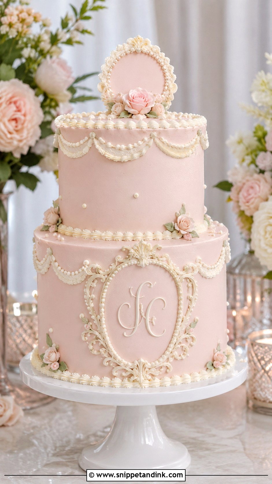 Light Pink Vintage Monogram Wedding Cake - Snippet and Ink - 20 Light Pink Vintage Cake Ideas for Wedding