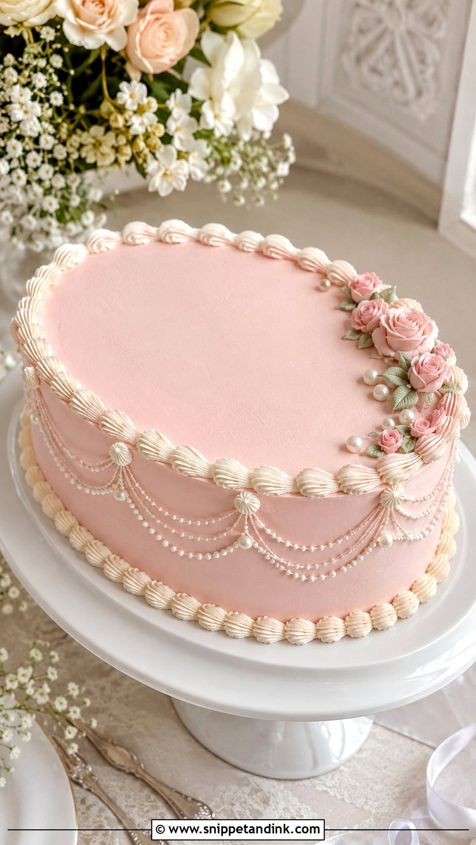 Light Pink Vintage Oval Wedding Cake - Snippet and Ink - 20 Light Pink Vintage Cake Ideas for Wedding
