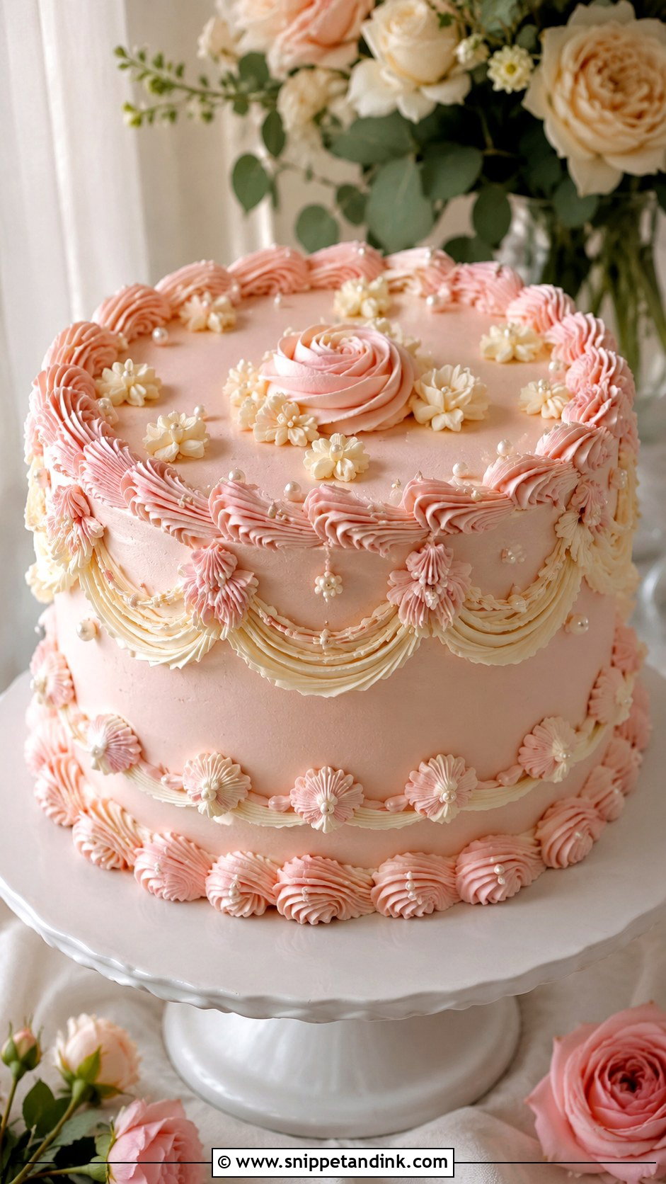 Light Pink Vintage Pearl Wedding Cake - Snippet and Ink - 20 Light Pink Vintage Cake Ideas for Wedding