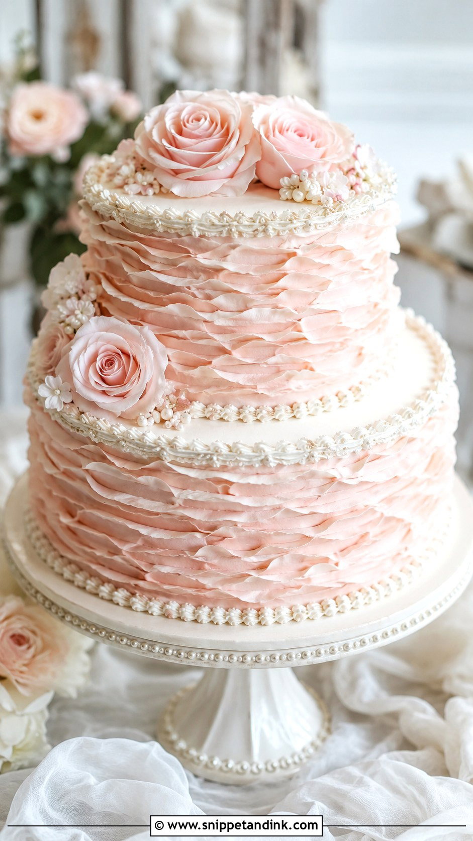 Light Pink Vintage Ruffle Wedding Cake - Snippet and Ink - 20 Light Pink Vintage Cake Ideas for Wedding