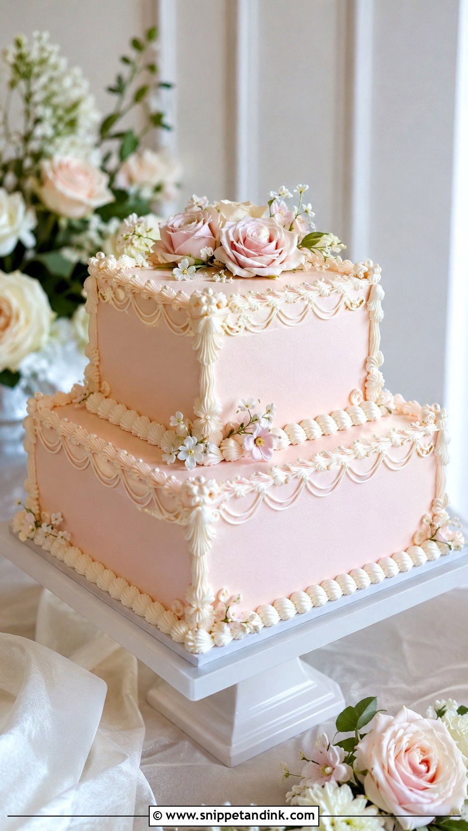 Light Pink Vintage Square Wedding Cake - Snippet and Ink - 20 Light Pink Vintage Cake Ideas for Wedding