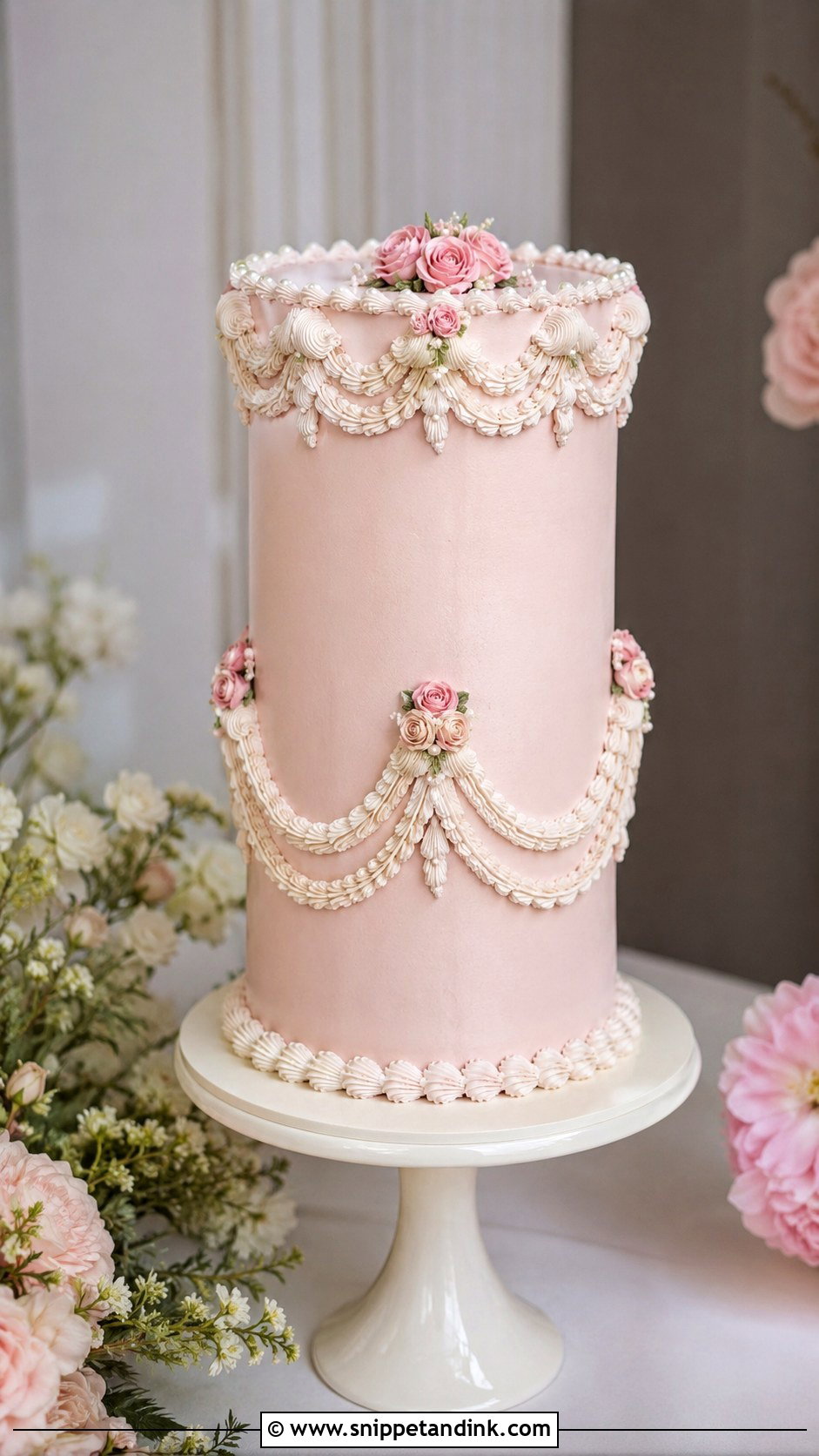 Light Pink Vintage Tall Wedding Cake - Snippet and Ink - 20 Light Pink Vintage Cake Ideas for Wedding