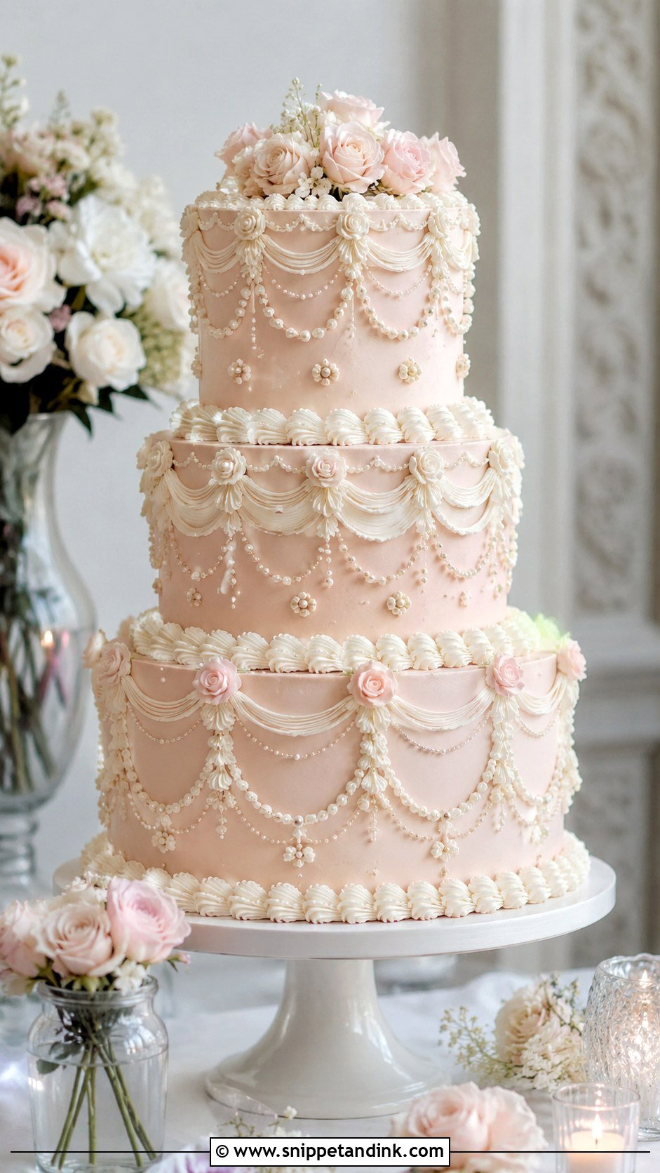 Light Pink Vintage Tiered Wedding Cake - Snippet and Ink - 20 Light Pink Vintage Cake Ideas for Wedding