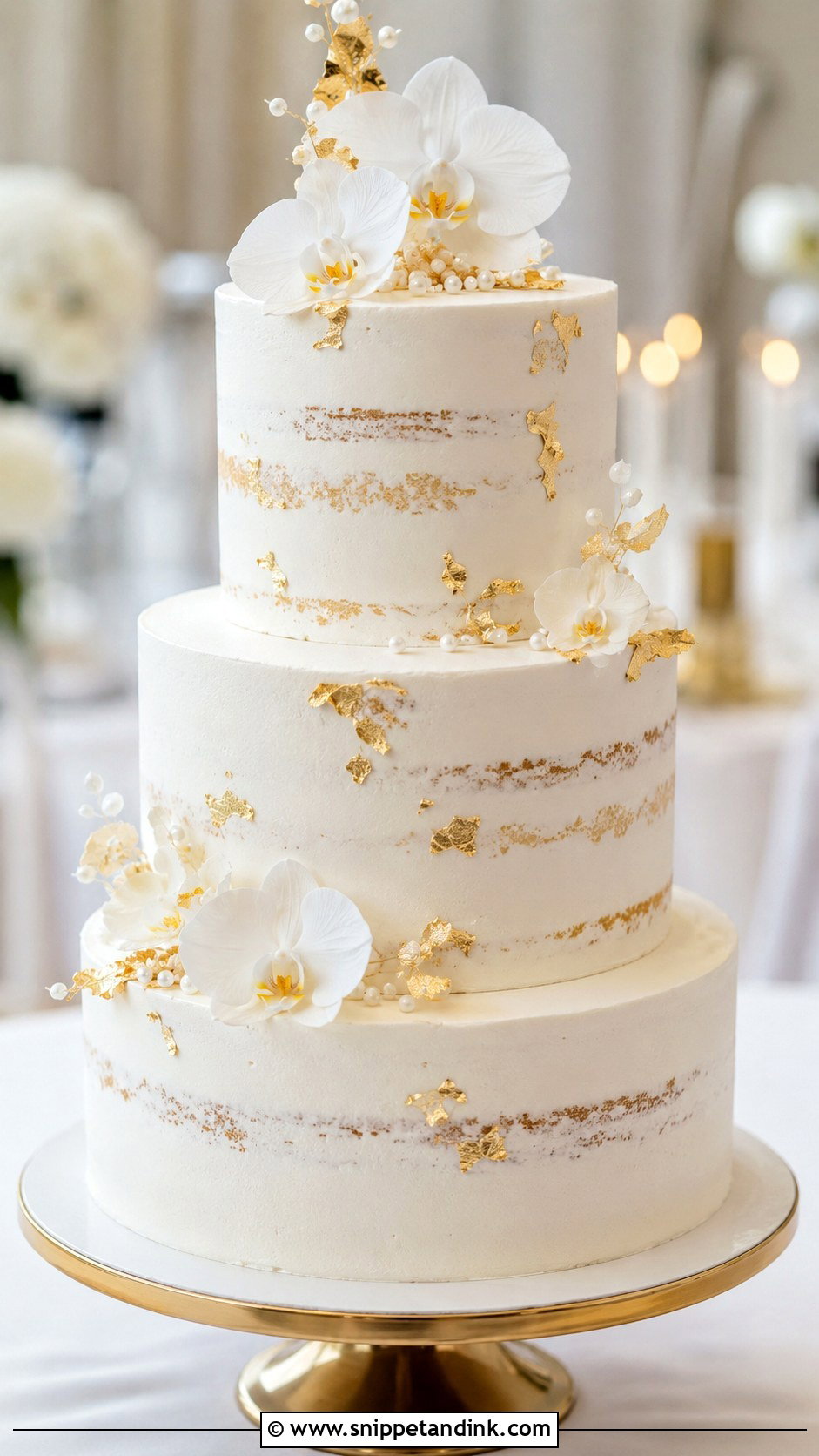 Lightly Iced Wedding Cake With Gold Leaf - Snippet and Ink - 20 Lightly Iced Wedding Cake Ideas