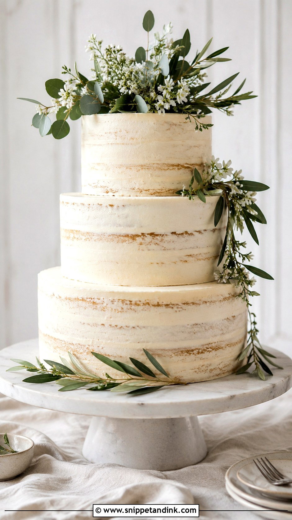 Lightly Iced Wedding Cake With Greenery - Snippet and Ink - 20 Lightly Iced Wedding Cake Ideas