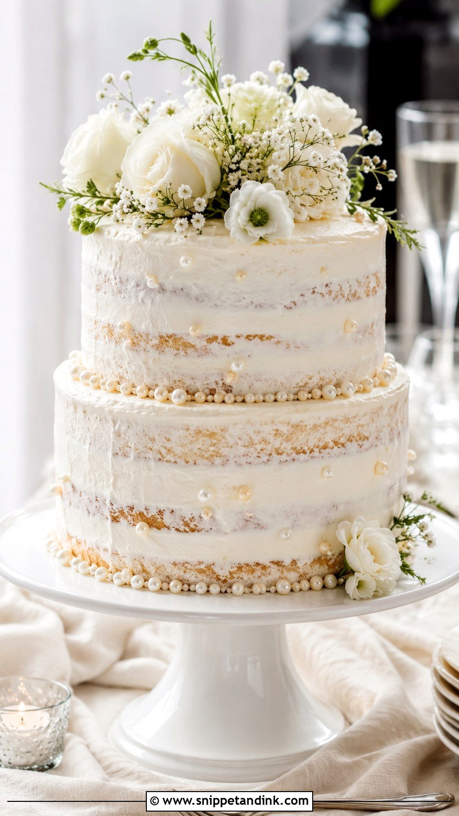 Lightly Iced Wedding Cake With Pearls - Snippet and Ink - 20 Lightly Iced Wedding Cake Ideas