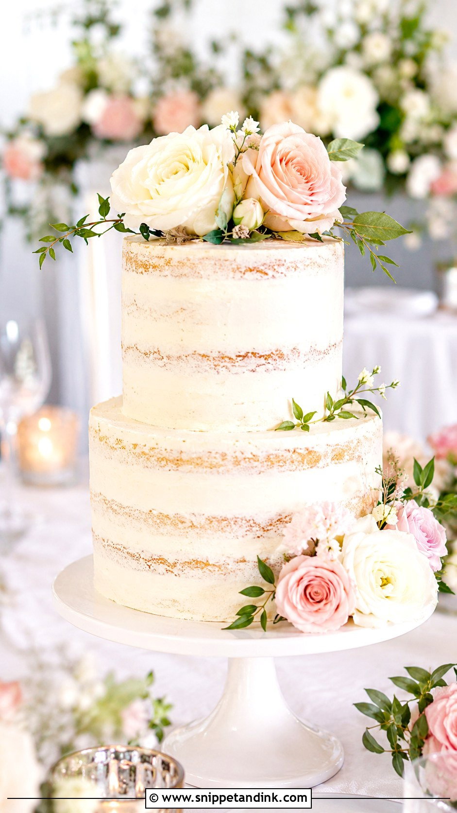 Lightly Iced Wedding Cake With Roses - Snippet and Ink - 20 Lightly Iced Wedding Cake Ideas