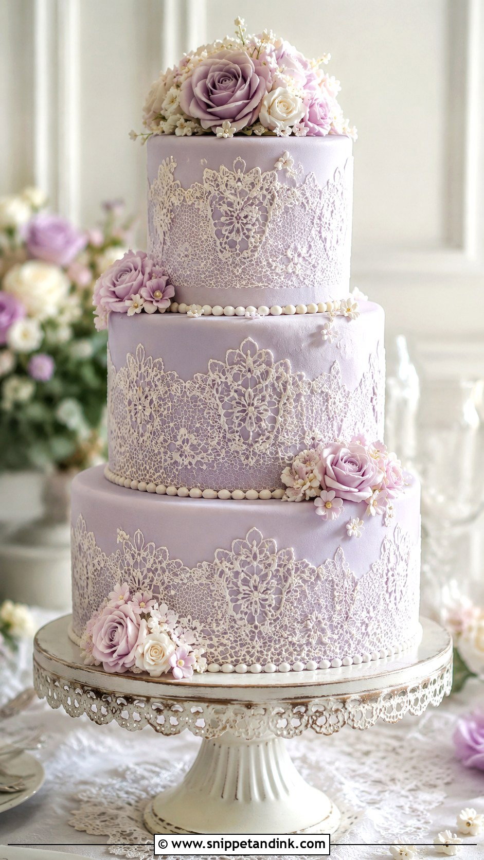 Lilac Lace Wedding Cake - Snippet and Ink - 25 Lilac Wedding Cake Ideas
