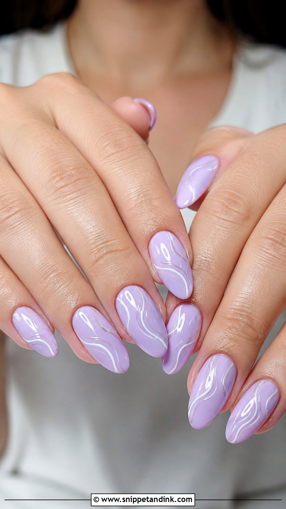 Lilac Nails With White Swirls - Snippet and Ink - 30 Wedding Guest Nails Ideas