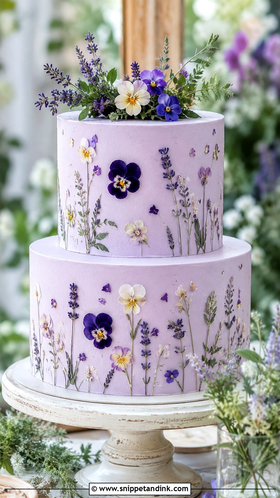 Lilac Pressed Flower Wedding Cake - Snippet and Ink - 25 Lilac Wedding Cake Ideas