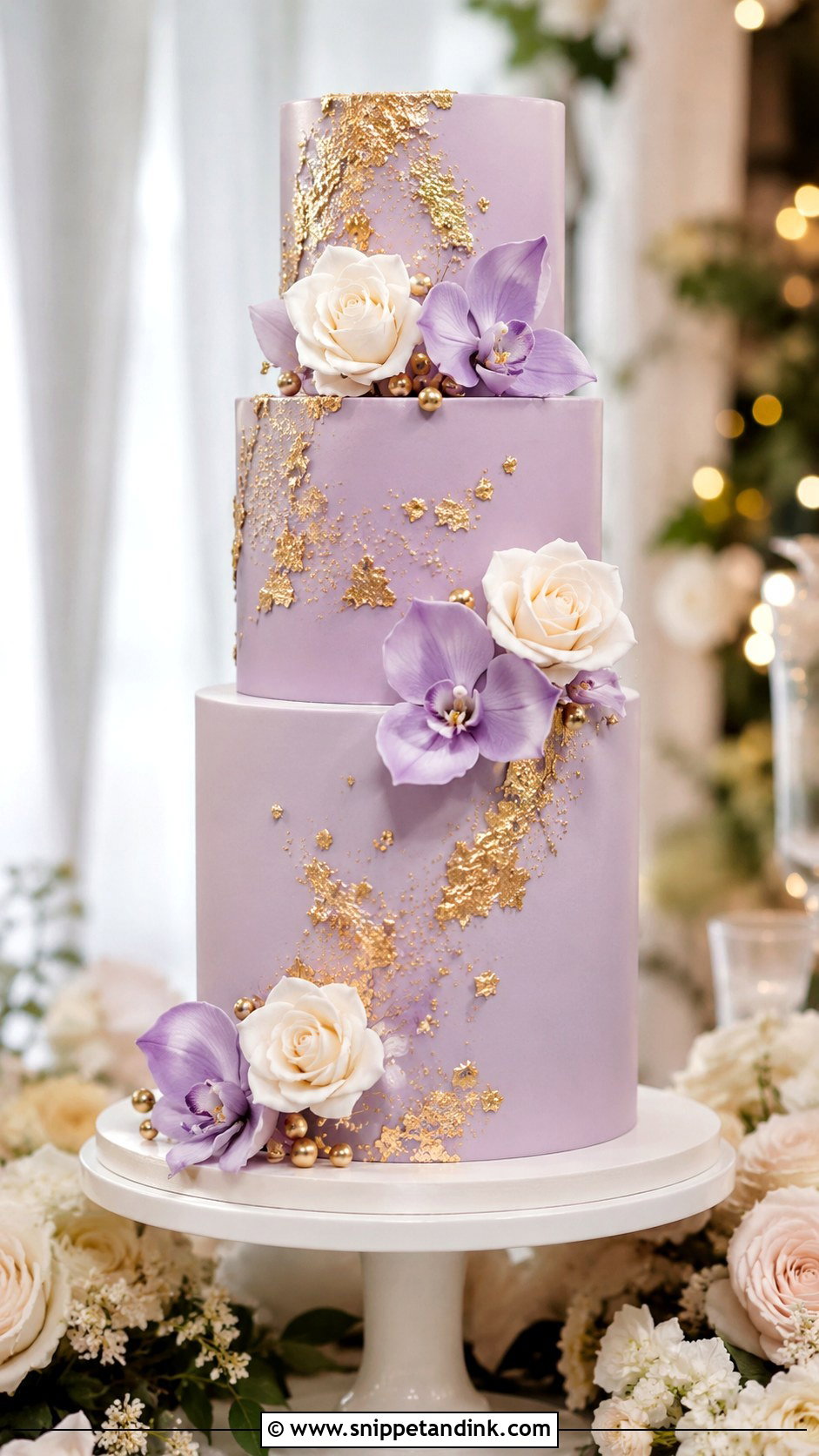 Lilac Purple Wedding Cake With Gold Leaf - Snippet and Ink - 20 Lilac Purple Wedding Cake Ideas