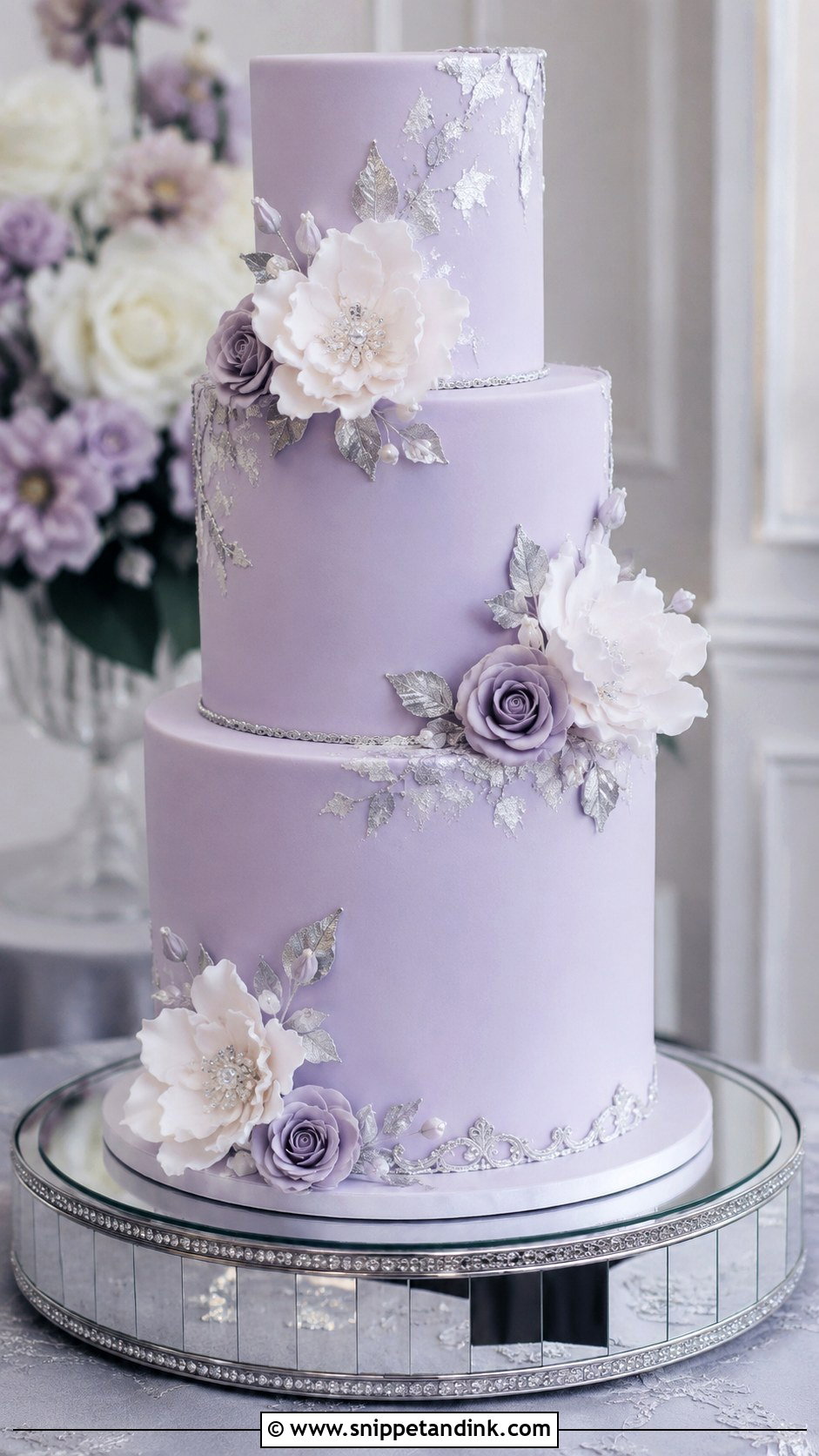 Lilac Purple Wedding Cake With Silver Accents - Snippet and Ink - 20 Lilac Purple Wedding Cake Ideas
