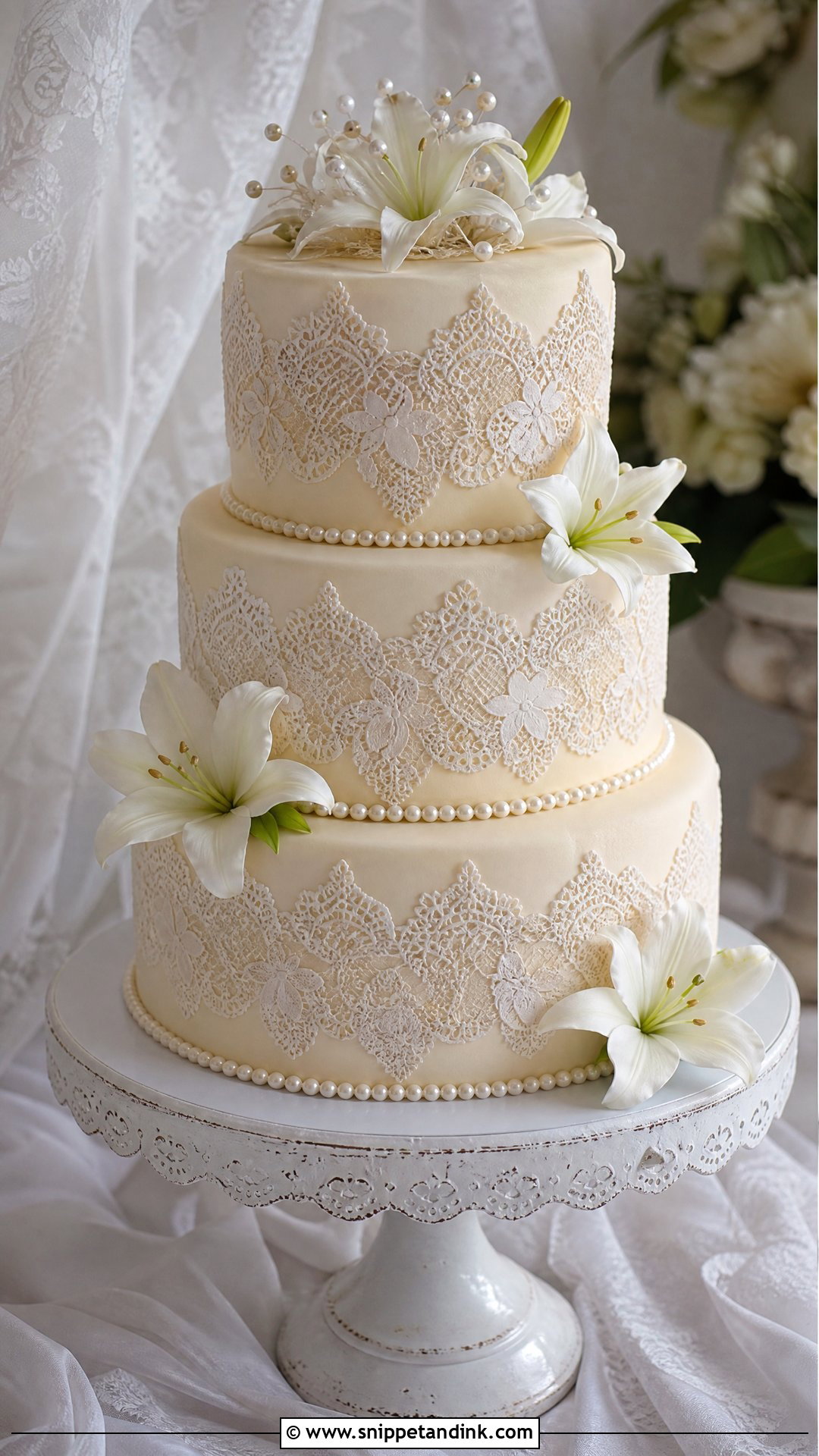 Lily Lace Wedding Cake - Snippet and Ink - 25 Lily Flower Cake Ideas for Wedding