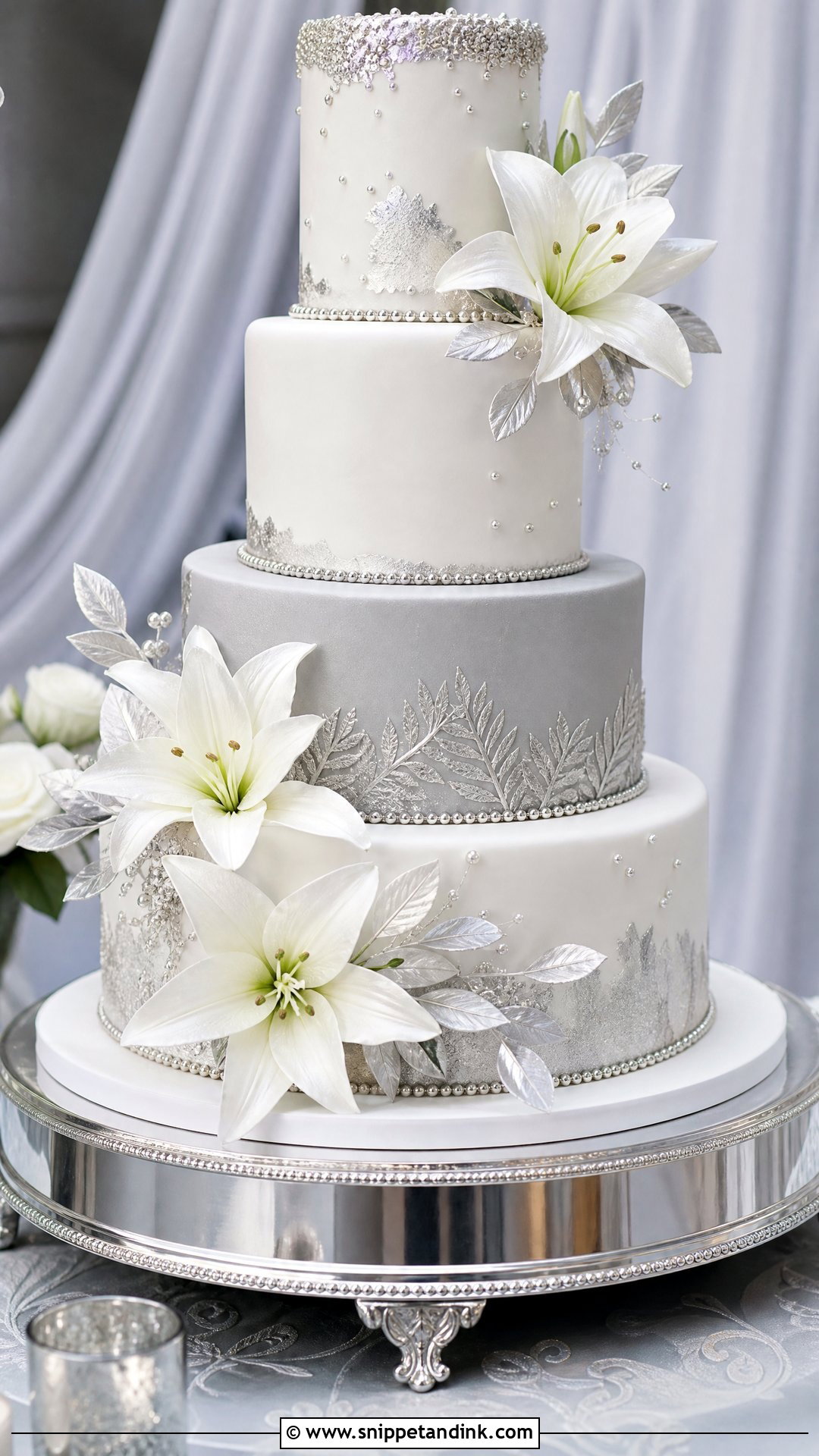 Lily Silver Wedding Cake - Snippet and Ink - 25 Lily Flower Cake Ideas for Wedding
