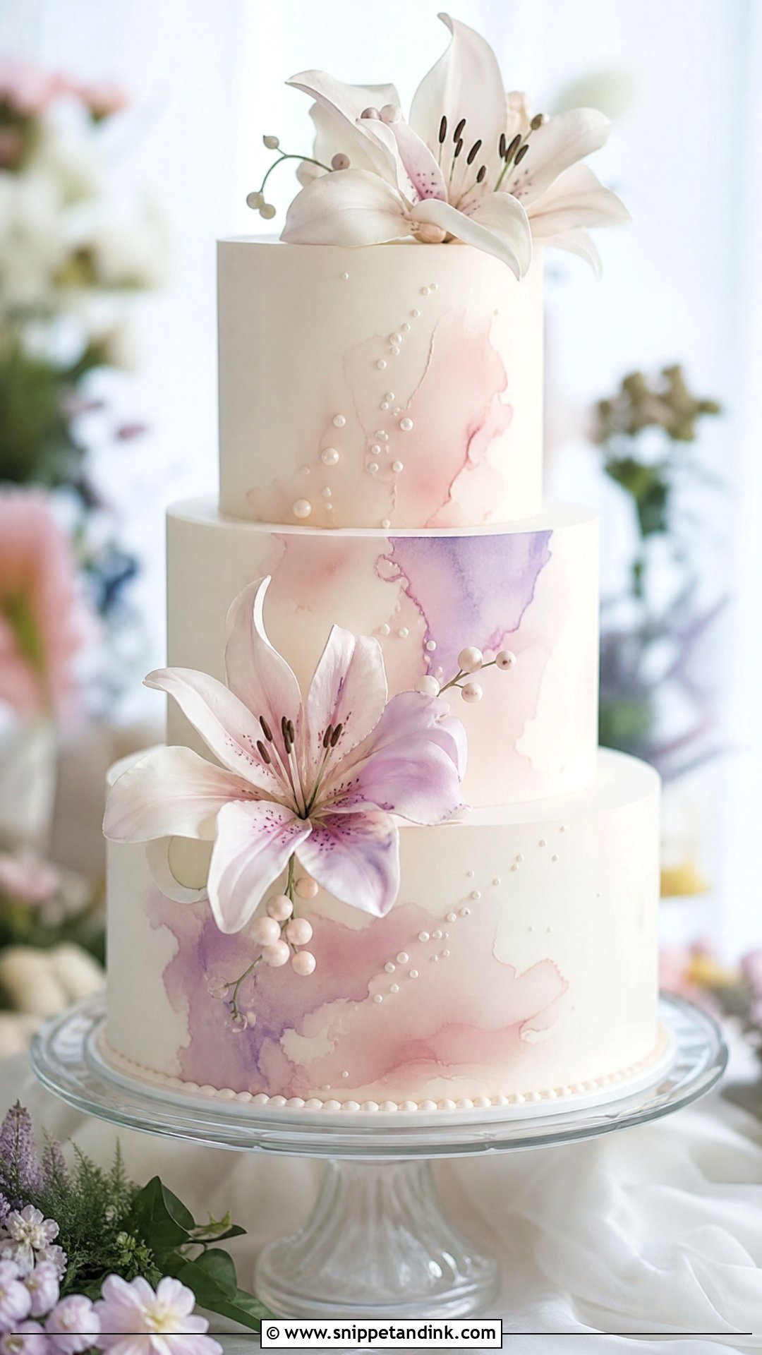 Lily Watercolor Wedding Cake - Snippet and Ink - 25 Lily Flower Cake Ideas for Wedding