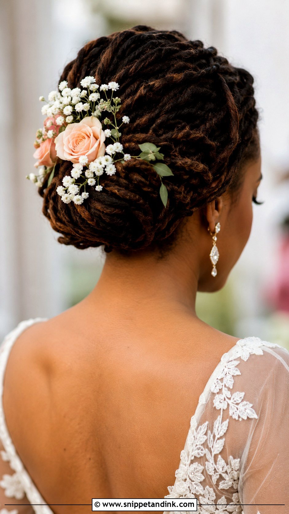 Loc Bun With Fresh Flowers - Snippet and Ink - 30 Dreadlock Wedding Hairstyles