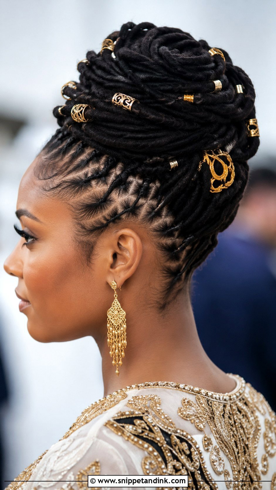 Loc Bun With Gold Cuffs - Snippet and Ink - 30 Dreadlock Wedding Hairstyles