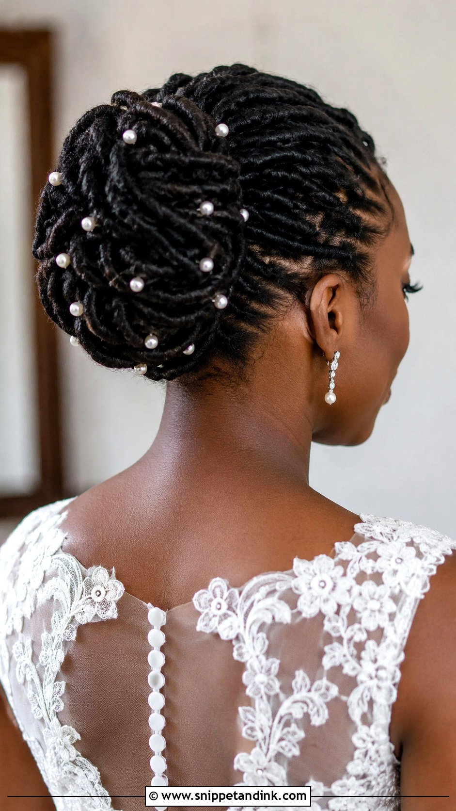 Loc Bun With Pearl Accents - Snippet and Ink - 20 Loc Wedding Hairstyles Brides