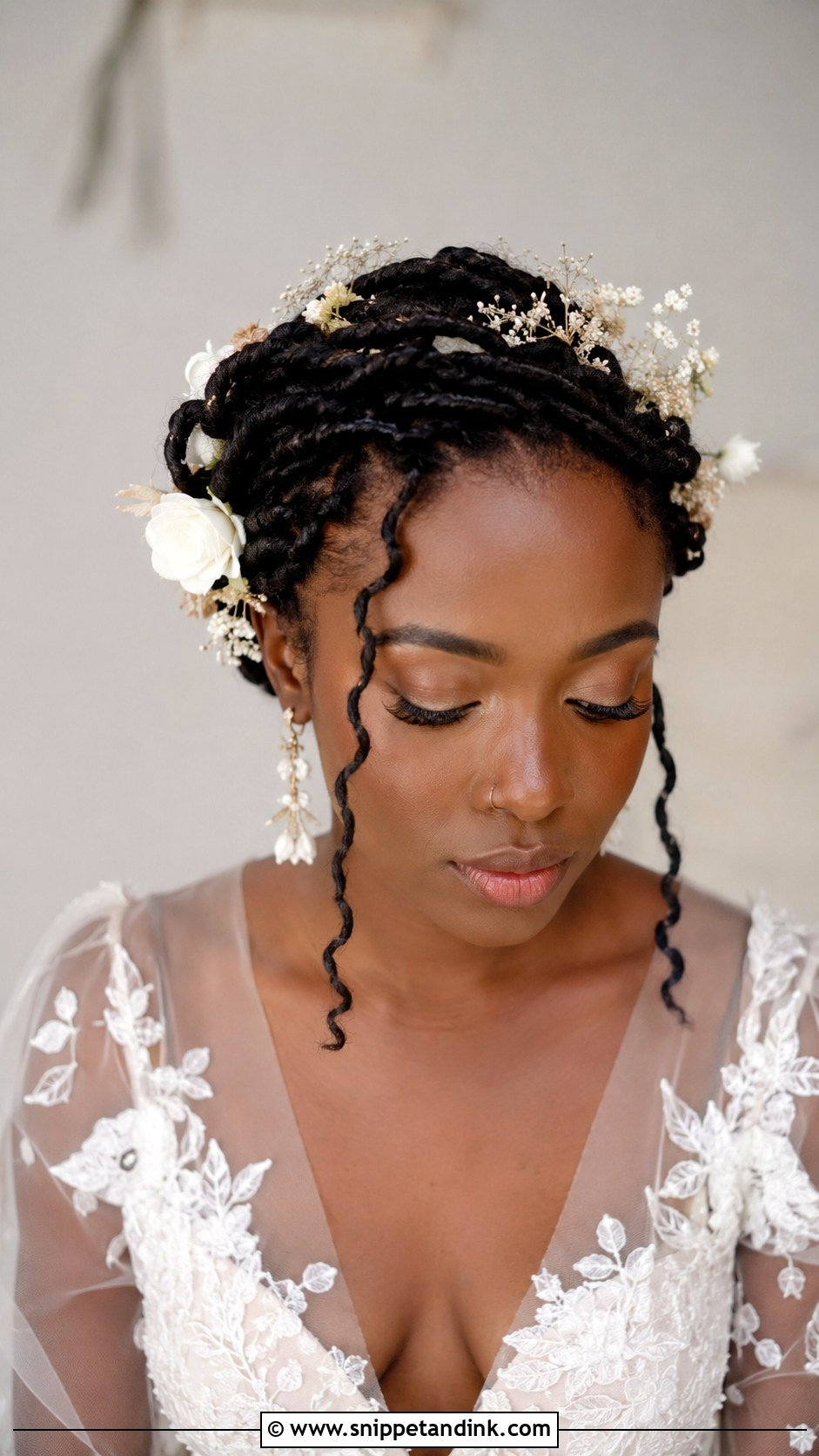 Loc Halo Braid With Flowers - Snippet and Ink - 20 Loc Wedding Hairstyles Brides