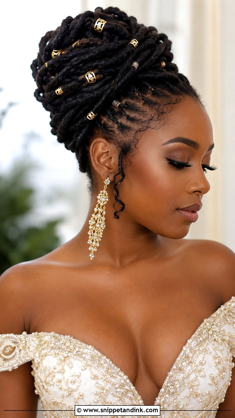 Loc Updo With Gold Accents - Snippet and Ink - 25 Locs Wedding Hairstyles Brides