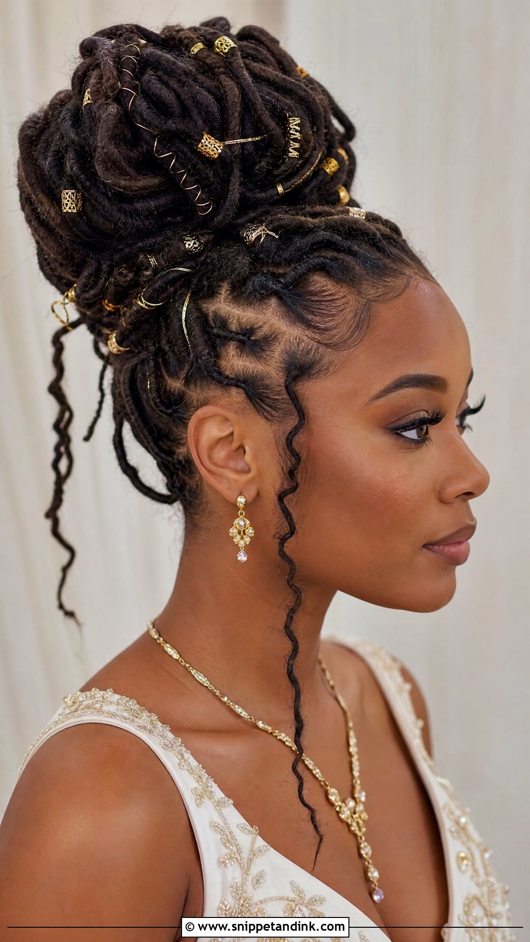 Loc Updo With Gold Accessories - Snippet and Ink - 25 Bridal Dreadlock Hairstyles