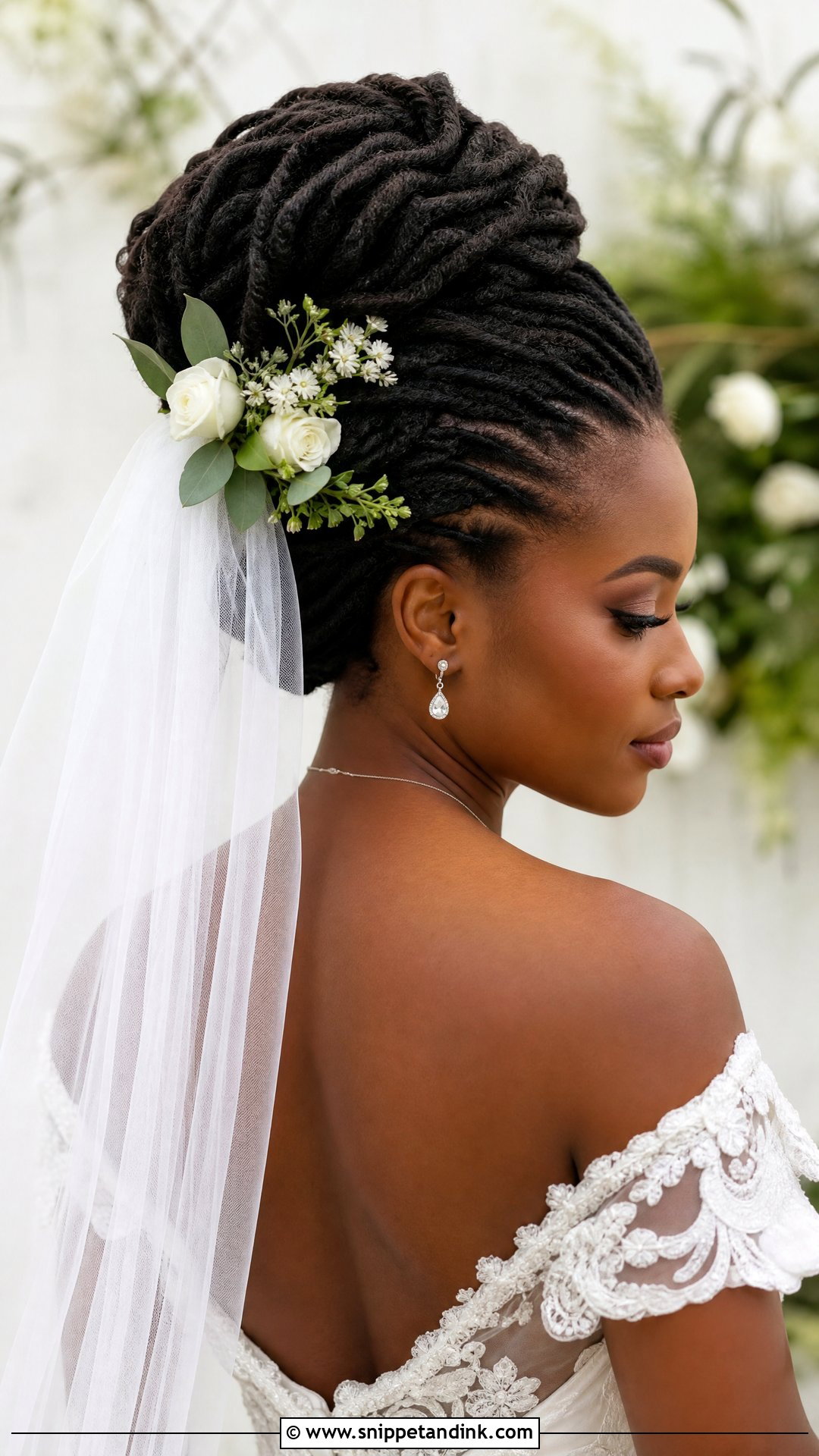 Loc Updo With Veil and Flowers - Snippet and Ink - 25 Bridal Dreadlock Hairstyles