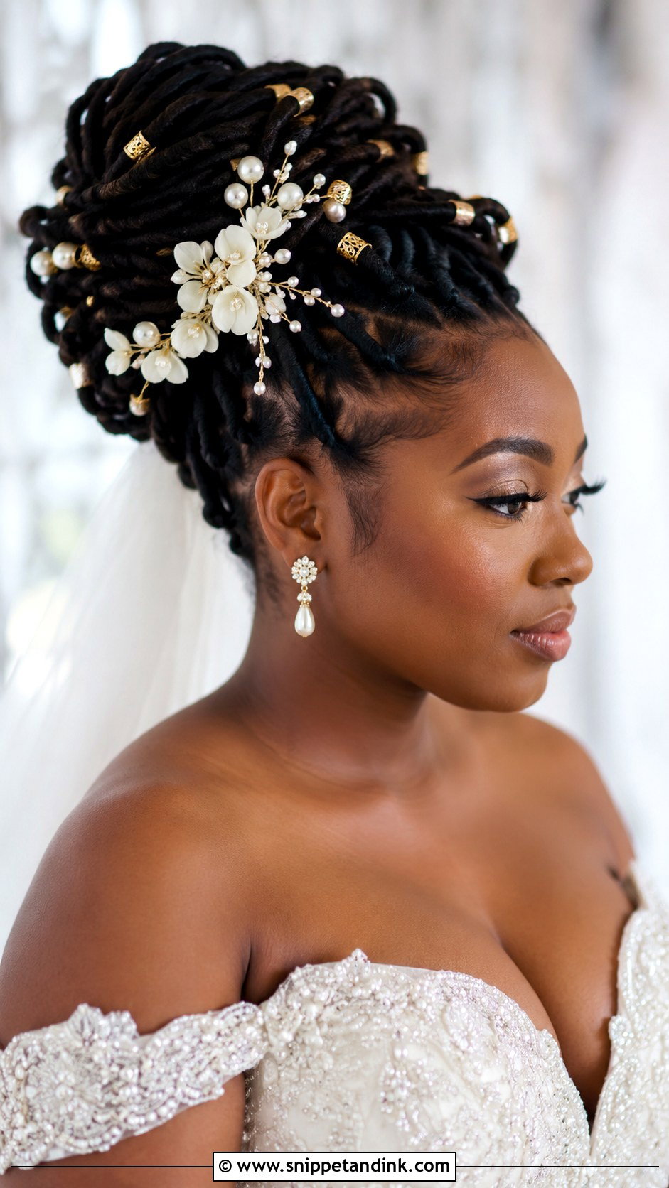Locs Updo With Gold Accents - Snippet and Ink - 25 Afro Bridal Hairstyles