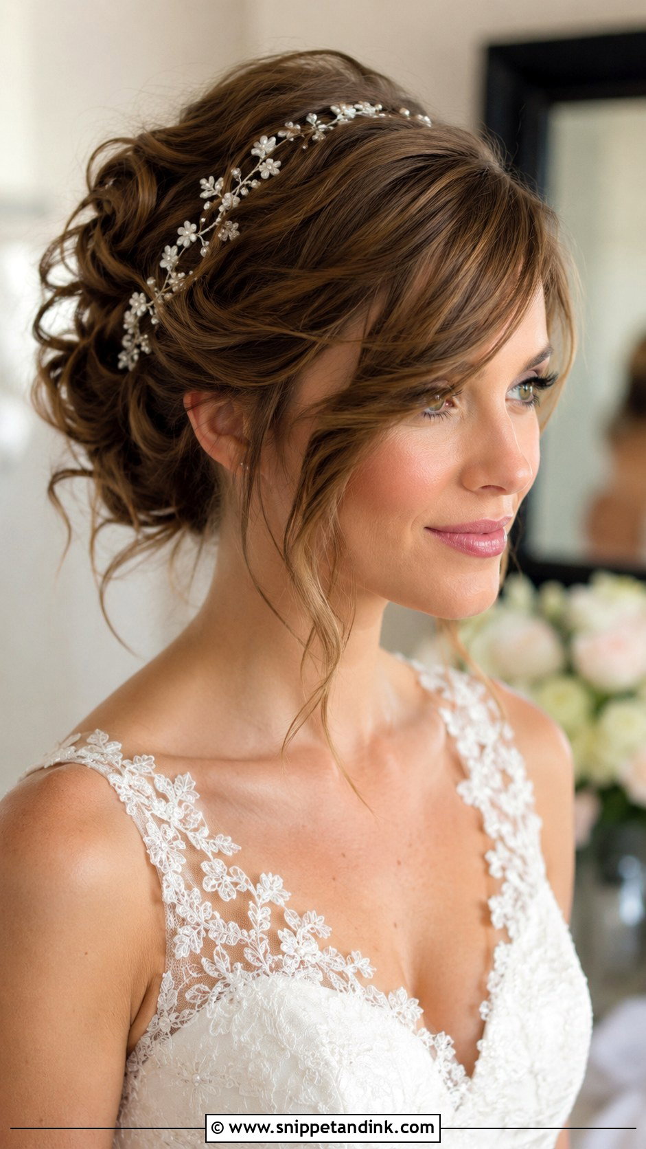 Long Bangs With Soft Updo - Snippet and Ink - 30 Bridal Hair with Bangs Ideas