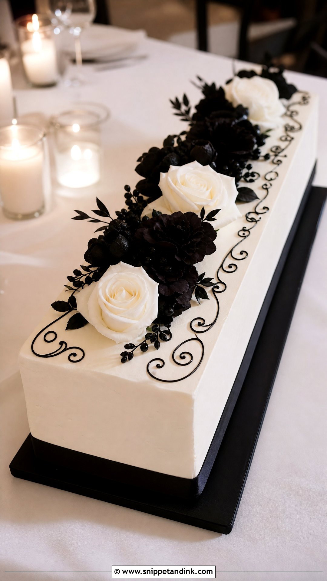 Long Black And White Wedding Cake - Snippet and Ink - 20 Long Wedding Cake Ideas