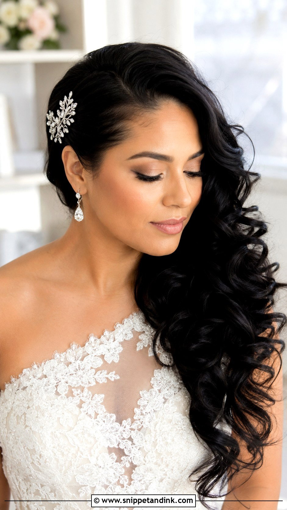 Long Black Hair Side Swept Curls Wedding Hairstyle - Snippet and Ink - 15 Wedding Hairstyles for Long Black Hair