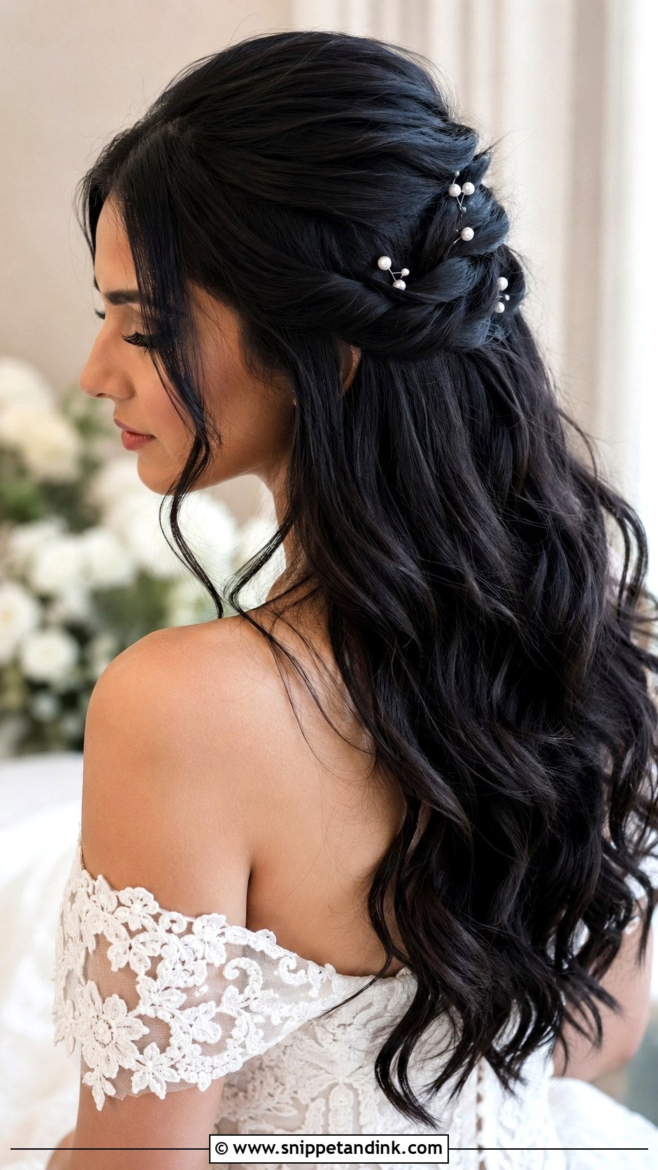 Long Black Hair Twisted Half Up Wedding Hairstyle - Snippet and Ink - 15 Wedding Hairstyles for Long Black Hair