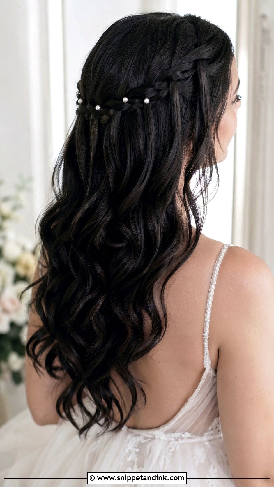 Long Black Hair Waterfall Braid Wedding Hairstyle - Snippet and Ink - 15 Wedding Hairstyles for Long Black Hair