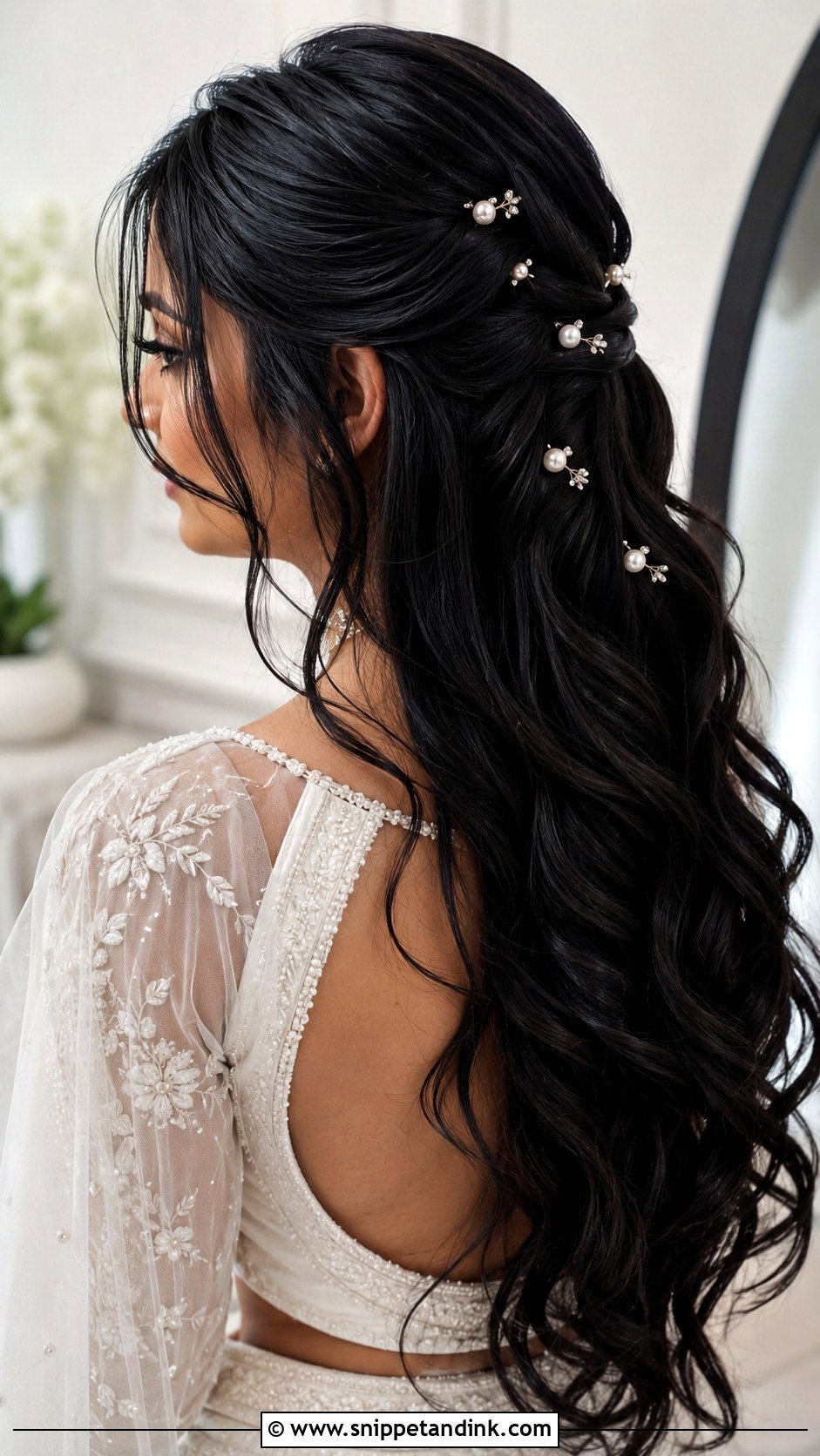 Long Black Wedding Hair With Pearl Pins - Snippet and Ink - 15 Long Black Wedding Hair Ideas