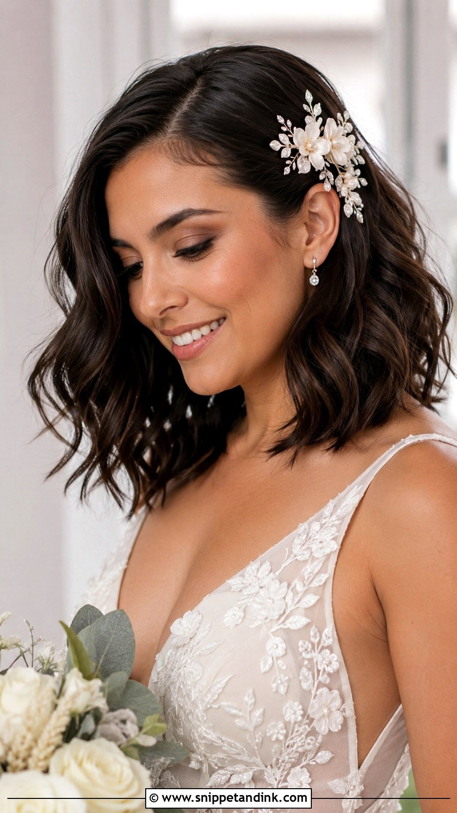 Long Bob Bridal Hair With Floral Comb - Snippet and Ink - 15 Long Bob Bridal Hair Ideas